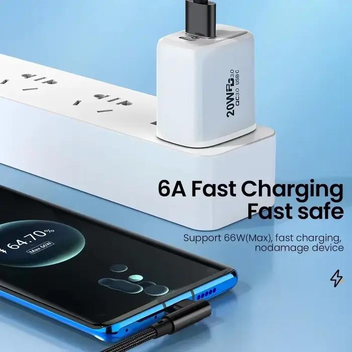 Câble de charge rapide USB vers Type C à angle de 90 degrés 66W 6A