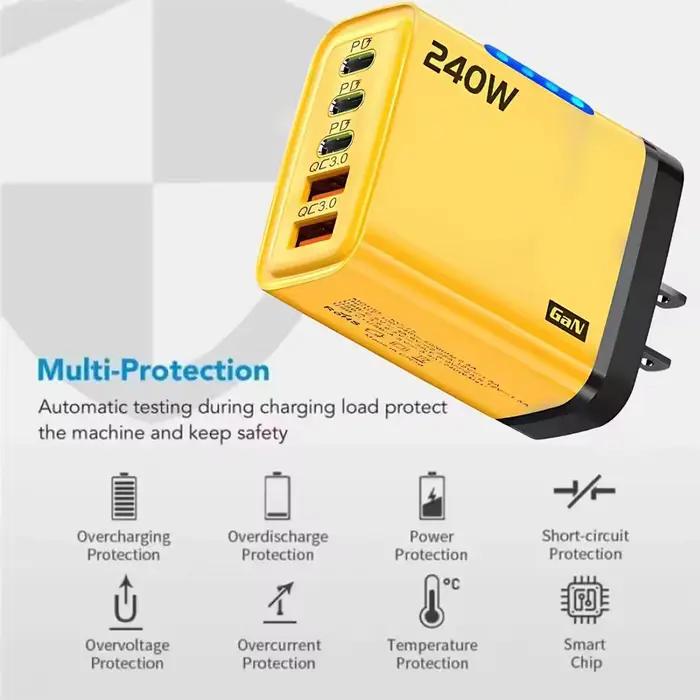 Station de charge rapide GaN 240W à 5 ports (3PD 2USB) pour iPhone 17 16 15 Pro Samsung Xiaomi, adaptateur de bureau avec prise murale UE/US, chargeur USB-C
