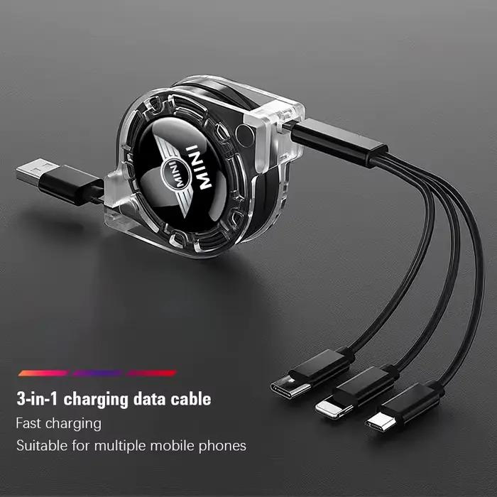 Câble de chargement télescopique 3 en 1 pour MINI Cooper JCW Countryman Clubman Cabrio Paceman Coupe Roadster charge rapide interface type-c android ios longueur 100cm