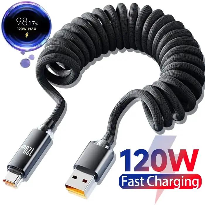 120W USB C à Type C câble à ressort de Charge rapide télescopique chargeur de téléphone de voiture cordon de données pour iPhone17 16 Samsung Xiaomi câbles USB