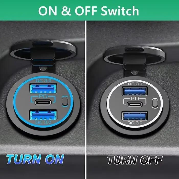 Prise de courant USB-C 12V PD 30W étanche avec interrupteur d'alimentation pour voiture bus camion marine et autres usages spéciaux