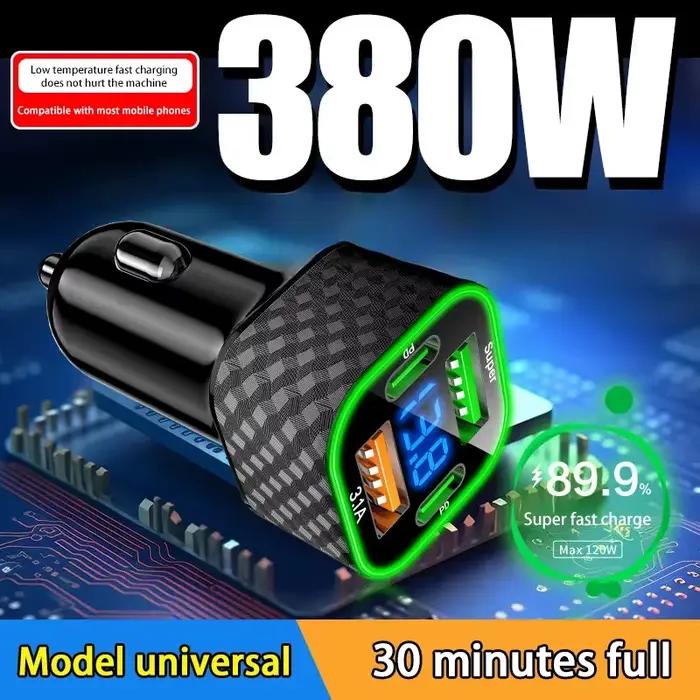 Nouveau chargeur de voiture USB C 380W double PD 4 en 1 avec affichage de la tension