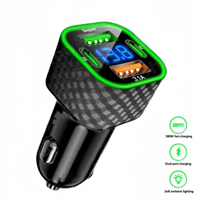 Adaptateur de charge ultra rapide 380W 4 en 1 chargeur de voiture USB C double PD avec affichage de tension pour iPhone Xiaomi Oppo Vivo Samsung usage quotidien trajets professionnels et loisirs