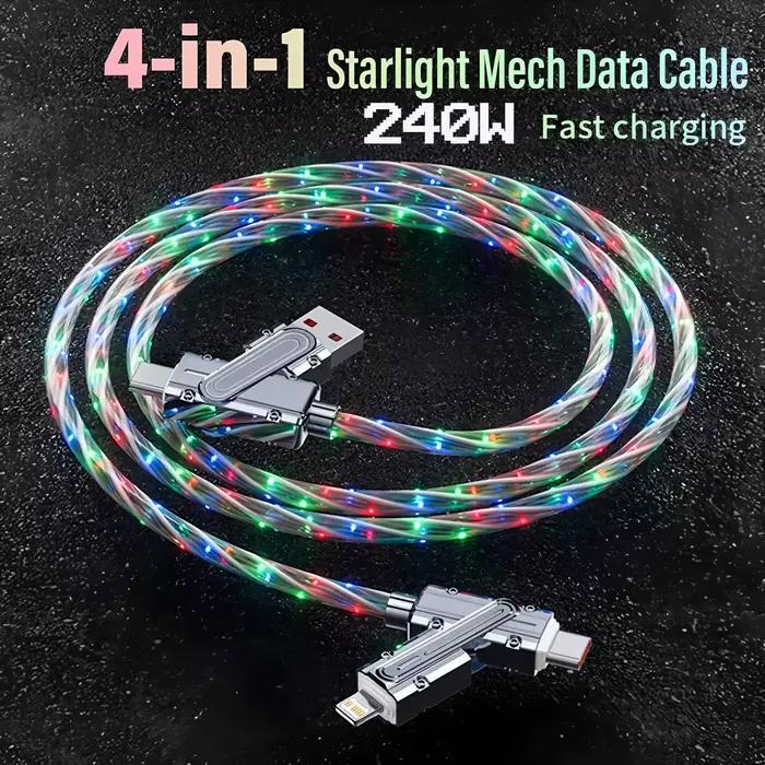 Câble de charge rapide RGB 4 en 1 240W, câble USB Type-C PD - Câble multifonction USB vers Type-C pour la charge rapide des téléphones et des ordinateurs portables