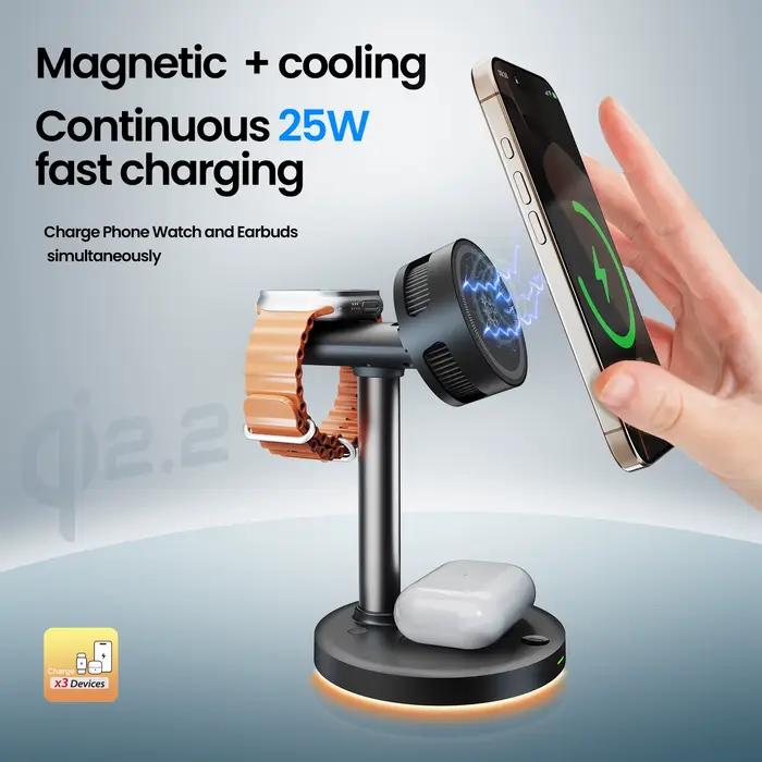 Chargeur sans fil magnétique Qi2 25W avec lumière LED et refroidissement par air pour iPhone 17 16 15 14 13 12