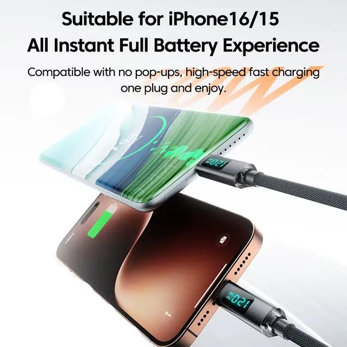 Câble de charge super rapide rétractable USB C vers Type C avec affichage numérique 120W