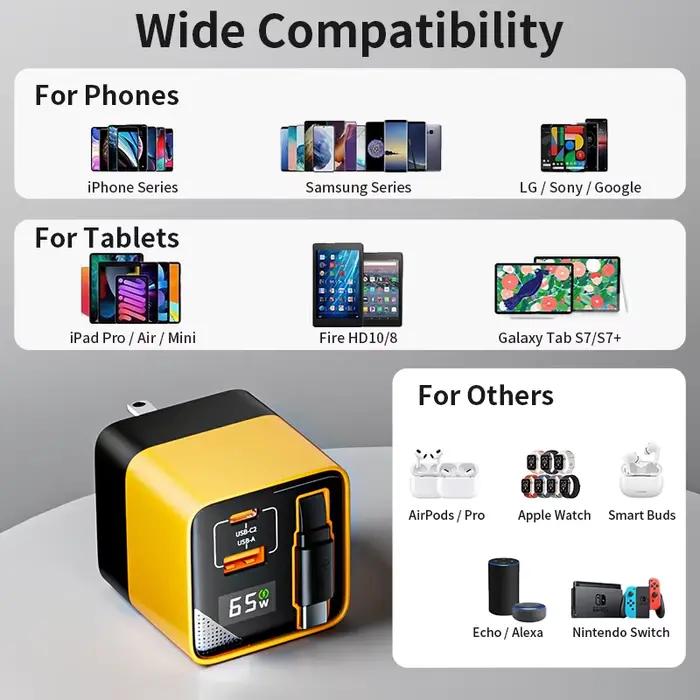 Chargeur USB-C rapide avec câble intégré 80cm pour iPhone 17 16 15 Pro Max PD 40W 27W Xiaomi Samsung occasionnelle recharge rapide et efficace