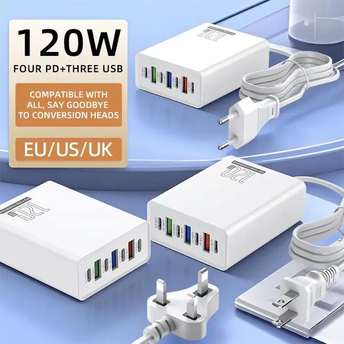 Tête de charge 120W à 7 ports (3 USB + 4 PD) – Chargeur rapide pour téléphones mobiles 5V4A – Standard US/EU/UK – Modèle 2026
