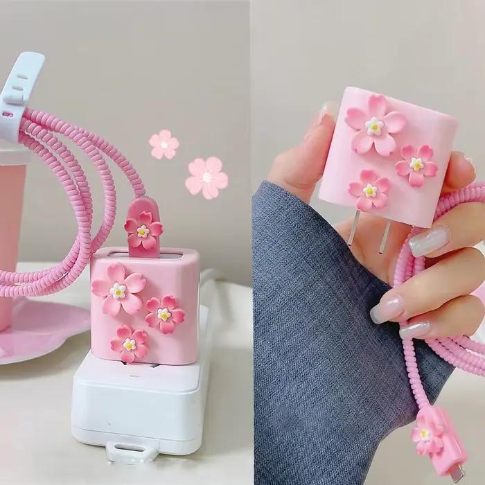 Housse de protection pour chargeur de câble à fleur rose 3D