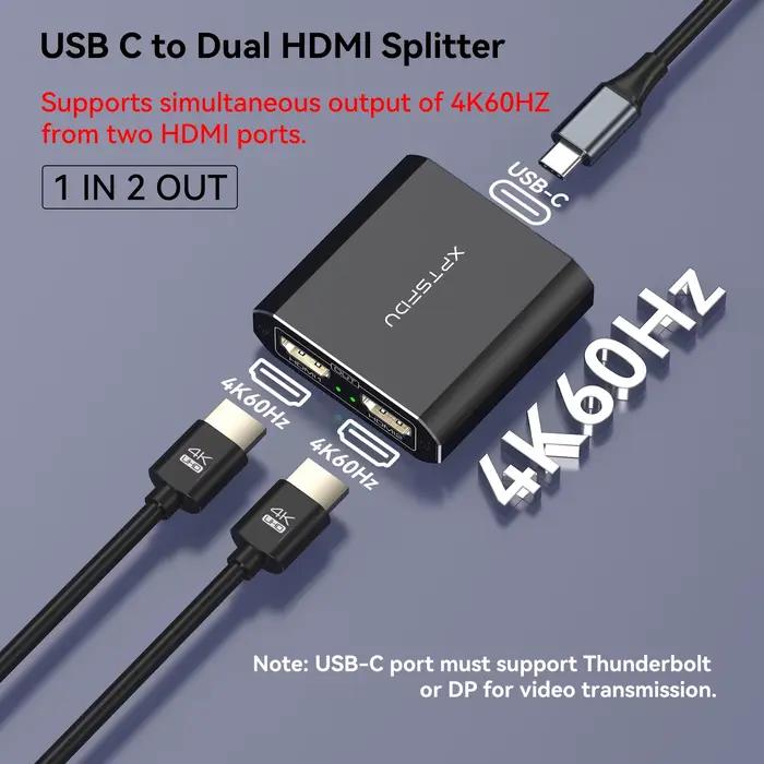 Répartiteur USB C vers HDMI 4K 60Hz pour deux écrans Thunderbolt 3 Windows Mac Linux Universel Sans Alimentation Extérieure Multimédia Gaming Productivité Occasions Spéciales