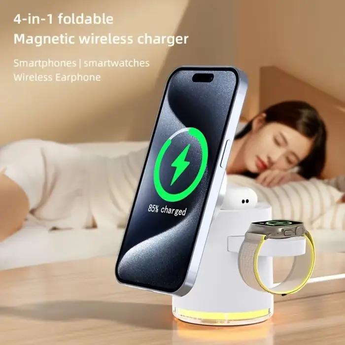 Station de charge rapide pliable 4 en 1 Qi2 15W Chargeur sans fil magnétique pour MagSafe iPhone16/15/14/13/12 Apple Watch AirPods Pro