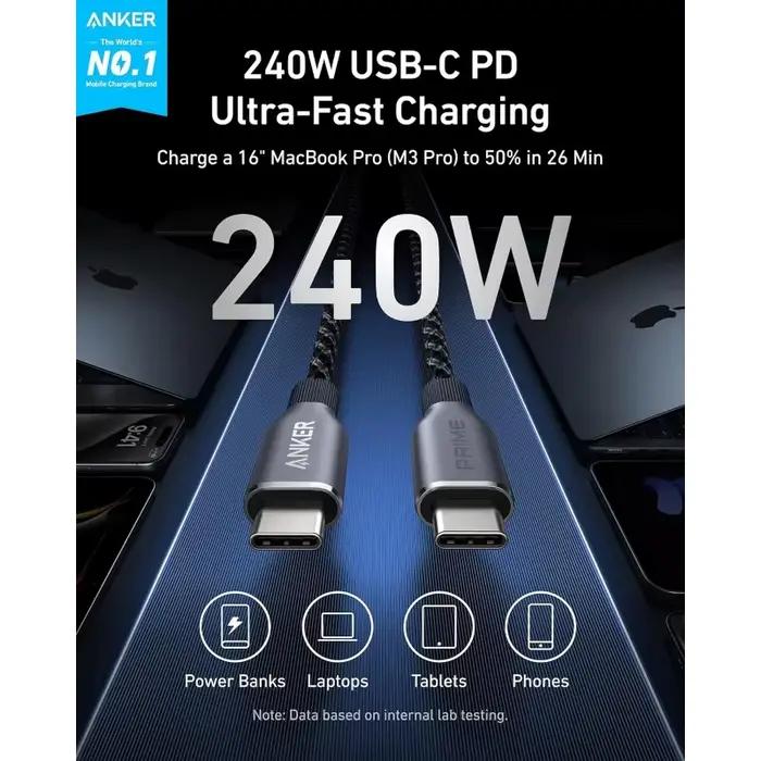 Câble de charge USB C vers USB C Anker Prime rapide et durable pour chargeurs de téléphone et ordinateur 240W nylon recyclé blanc ou noir