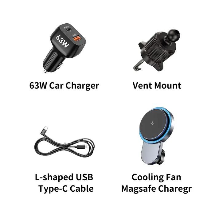 Chargeur de voiture MagSafe 25W avec refroidissement actif support magnétique pour grille d'aeration iphone serie 12 17 occasionnelle conduite voyage professionnel