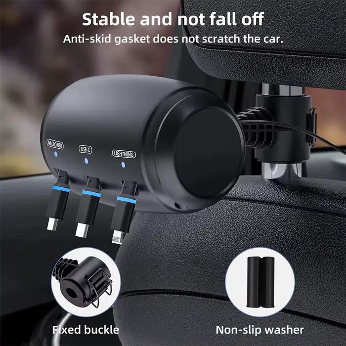 Câble de chargeur rétractable 3 en 1 pour appui-tête de voiture compatible avec smartphones et tablettes occasions de déplacement professionnel et familial
