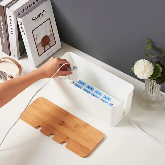 Grande boîte de gestion de câbles – Organisateur et couvercle de câbles de style bois pour fils de télévision, ordinateur, hub USB et multiprise sous le bureau –