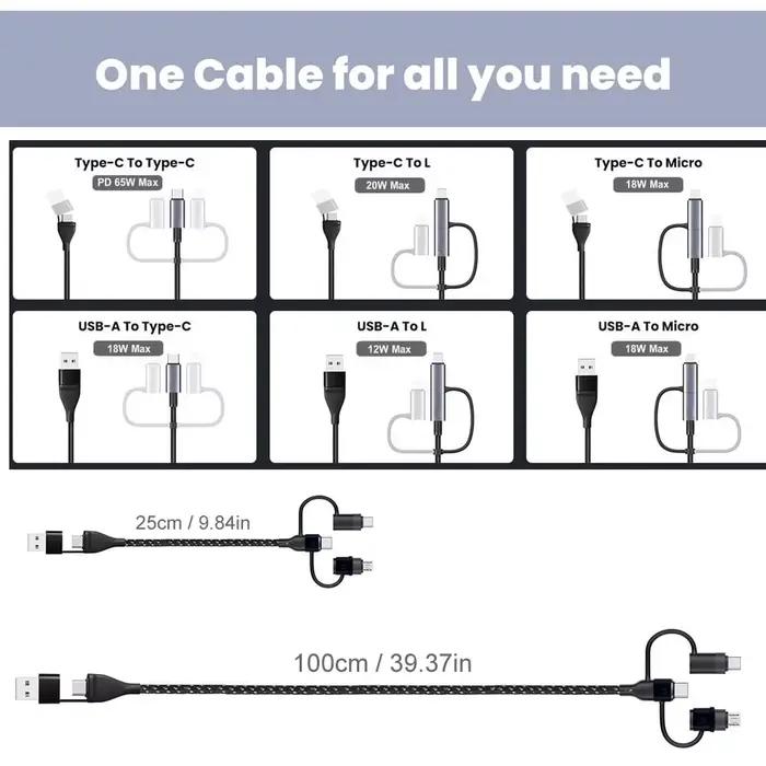 PD 65W 4 5 en 1 USB C câble de charge multi-faixes cordon de données de synchronisation tressé en Nylon USB A/C à Type C/Micro pour iPhone Samsung MacBook