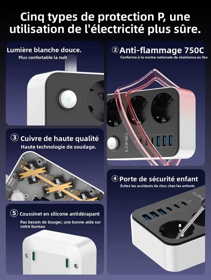 Multiprise LDNIO 3 Prises 6 Ports USB