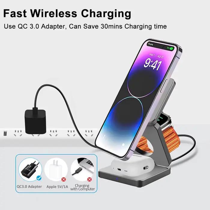 Station de charge sans fil 3 en 1 raugee pour iPhone 15 14 13 12 Pro Max Apple Watch 8 9 et écouteurs sans fil occasions spéciales
