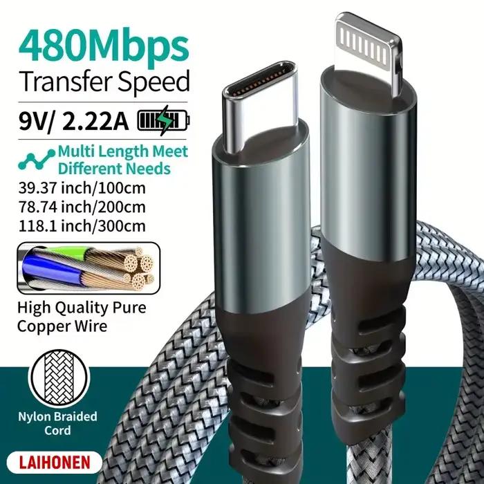 Câble de données tressé USB C vers Lightning 10 pieds certifié MFi pour iPhone 14 Pro Max 13 Pro Type C