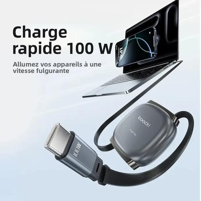 Câble rétractable Toocki 100W Type C pour iPhone 16 15 Pro Max Samsung