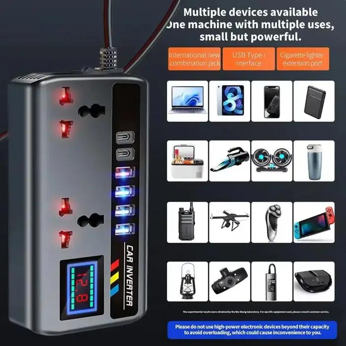 Onduleur de voiture portable 12V/24V à 220V avec 3 ports USB pour charge rapide en voiture camion SUV RV usage voyage camping