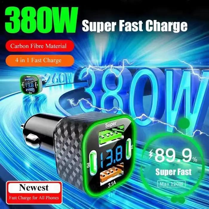 Chargeur de téléphone de voiture USB C 380W double PD avec affichage de tension pour iPhone Oppo modèle moderne et sûr pour conducteurs et passagers