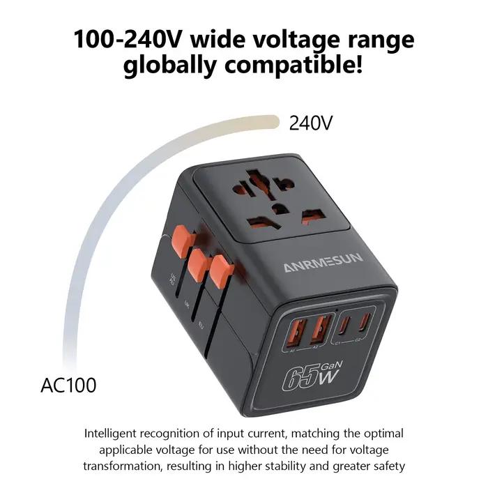 Adaptateur de voyage universel GaN 65W/45W/25W, avec 2 USB 2 Type C, charge rapide, chargeur de voyage tout-en-un, EU/UK/USA/AUS pour voyage