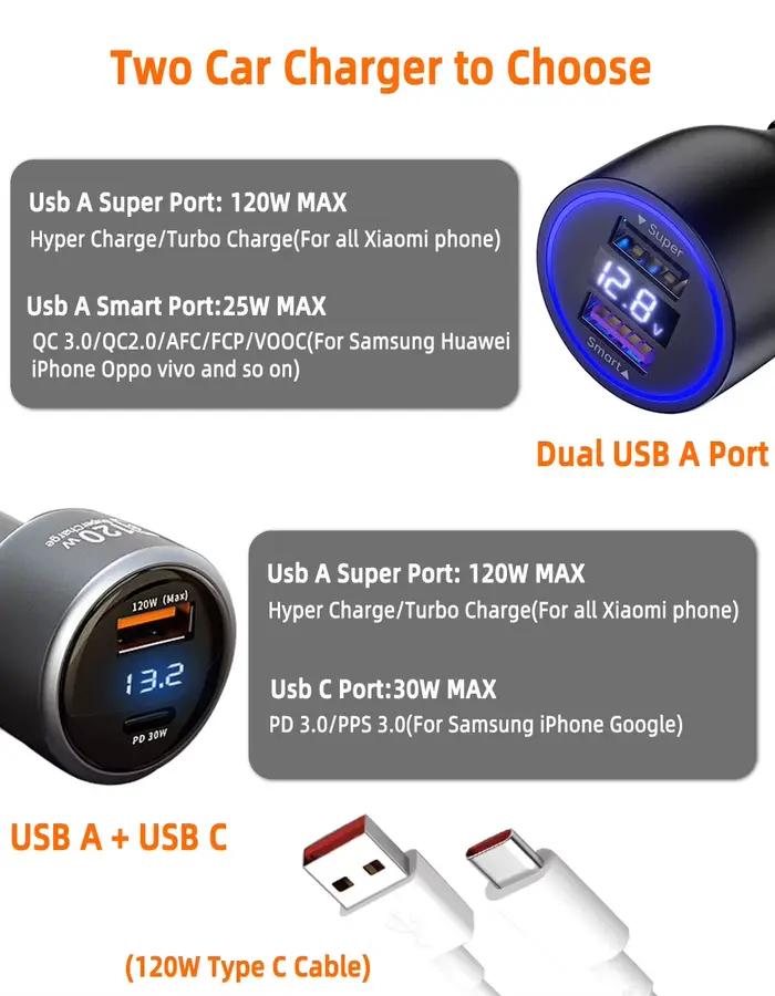 Chargeur USB 120W Turbo pour Voiture Xiaomi Compatible avec Xiaomi 15 14 Ultra 13T 12 Pro Redmi Note Occasions Spéciales