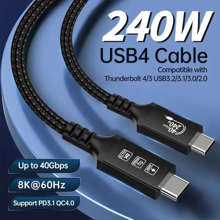 Câble Thunderbolt 3/4, câble USB-C vers USB C, prend en charge l'affichage 8K/transfert de données 40Gbps/chargement 240W, pour iPhone 15 Pro, MacCleaning