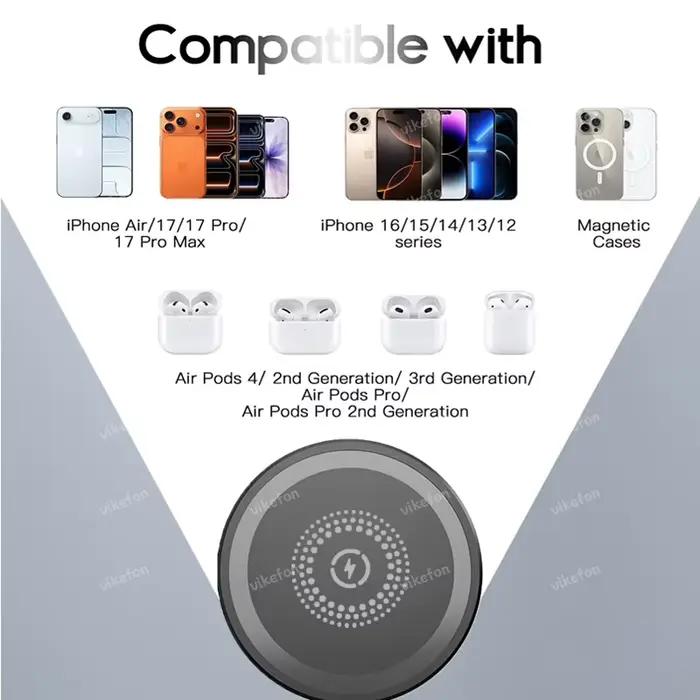 Station de charge sans fil rapide compatible avec iPhone 17 16 15 14 13 12 Pro Max AirPods et Samsung Galaxy