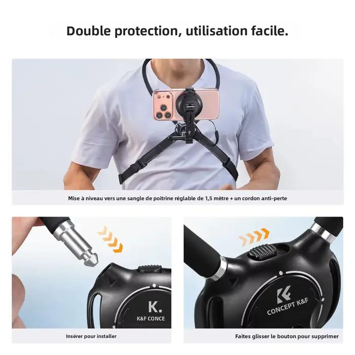 K&F CONCEPT Support 2 en 1 Magnétique et Clip pour Cou POV Mains Libres pour iPhone 17 16 15 Pro Max MagSafe Samsung