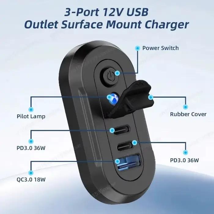 Chargeur de voiture USB triple port 36W PD3.0 18W QC3.0 avec prise