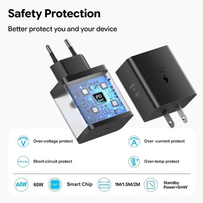 Chargeur rapide Samsung 60W d'origine avec câble Type C pour smartphones Samsung Galaxy et iPhone occasions spéciales et quotidienne