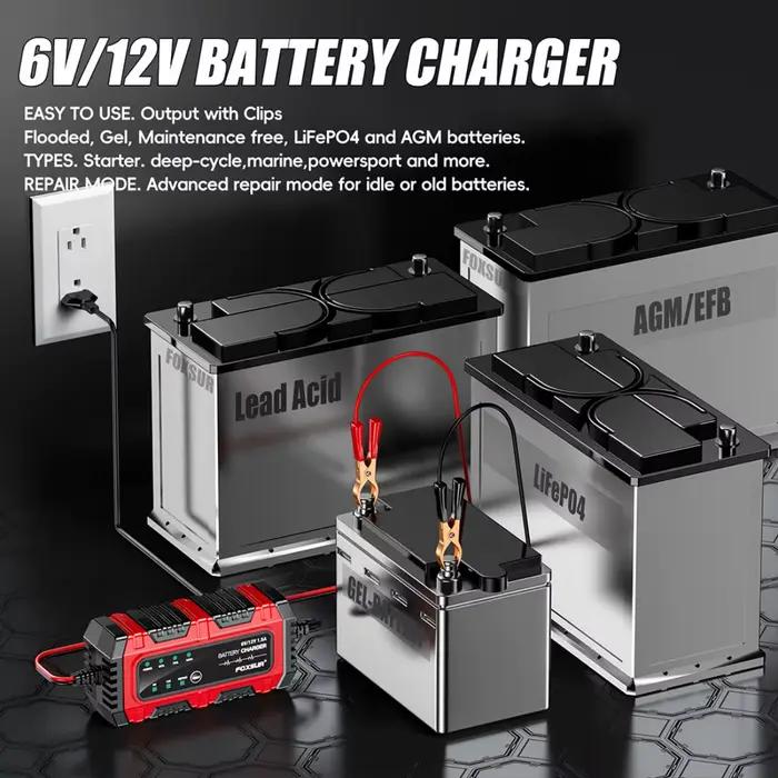 Chargeur de batterie intelligent FOXSUR pour scooters motos voitures à trois roues batteries LiFePO4 AGM EFB Gel