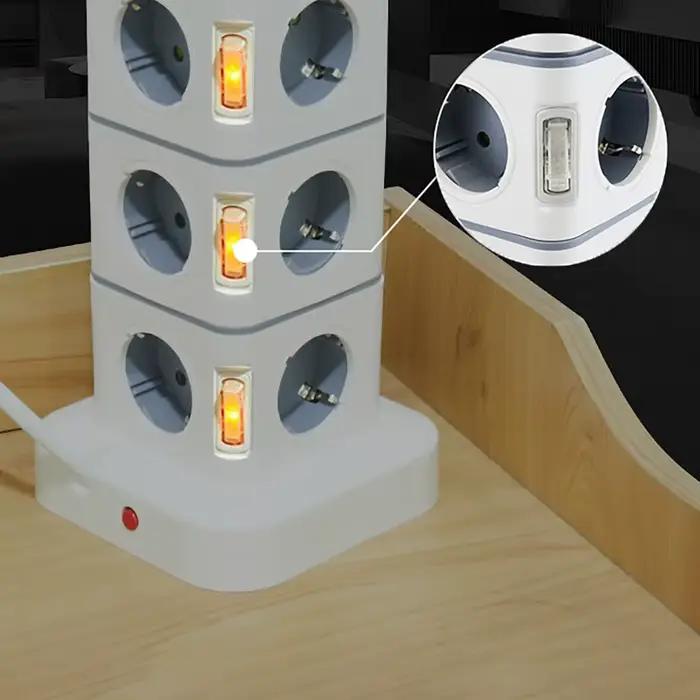 Multiprise verticale 12 voies avec 4 ports USB, protection contre les surcharges, interrupteur, prise EU, 220V 10A