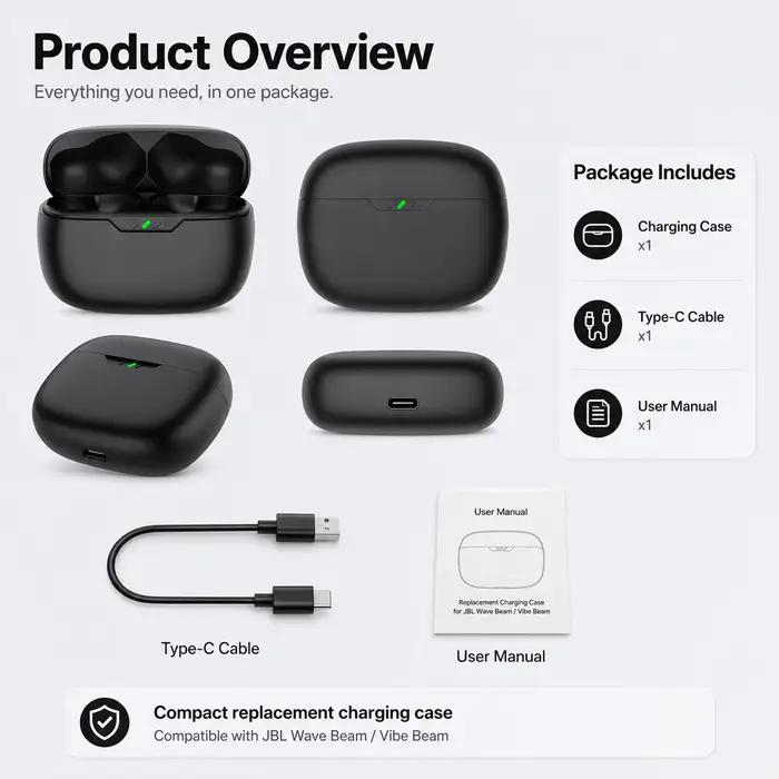 Étui de chargement de remplacement pour écouteurs JBL Wave Beam/Vibe