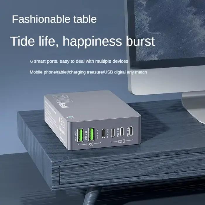 Chargeur de bureau GaN 220W 6 Ports PD 100W USB Type C QC 3.0 pour IPhone 16 Pro Macbook Samsung ordinateur portable rapide et efficace