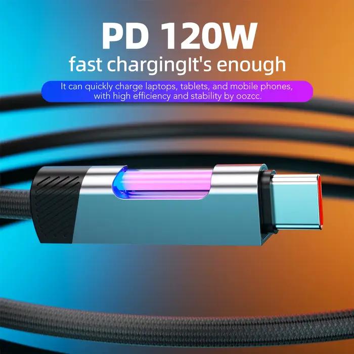 Câble de charge rapide RGB 120W 6A USB Type C avec lumière ambiante RGB pour TV