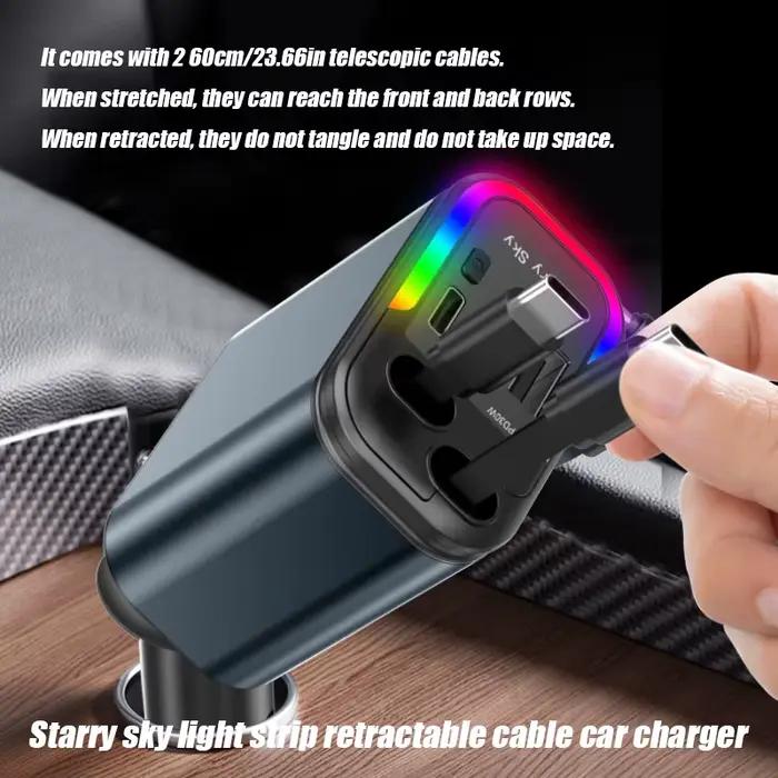 Chargeur de voiture 4 en 1 avec 2 câbles rétractables