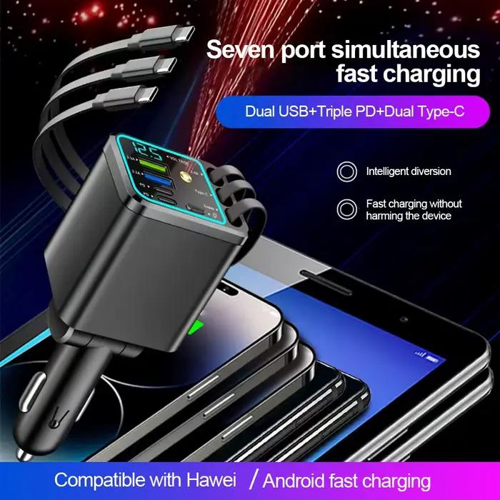 Chargeur de voiture 5 en 1 66W Max avec câble rétractable PD30W + écran de tension 2