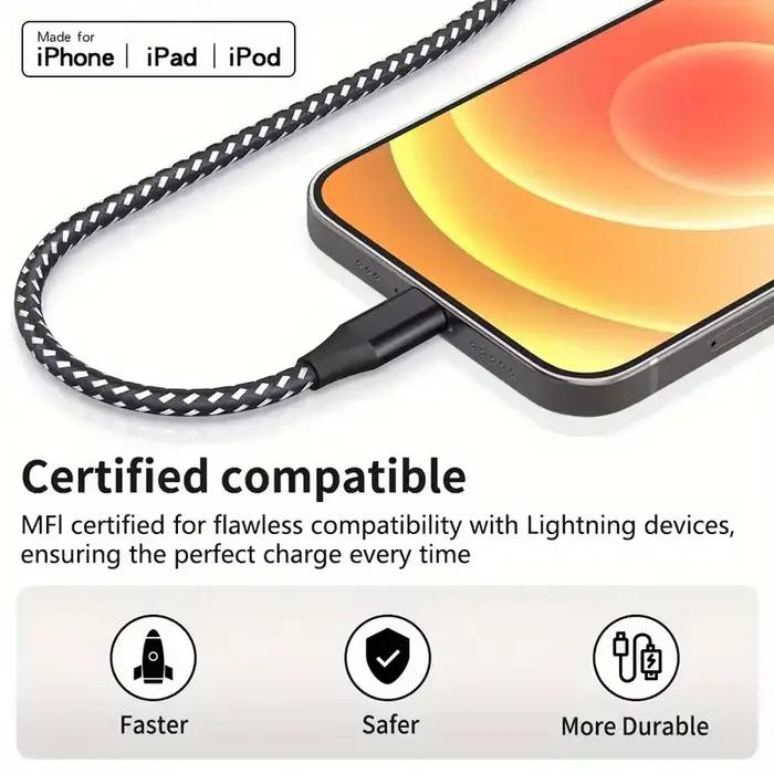 LAIHONEN Nylon tressé USB A vers Lightning MFi certifié 1m 2m 3m câble pour iPhone 11 12 13 14 Pro XS Max XR X 6S 7 8 Plus SE