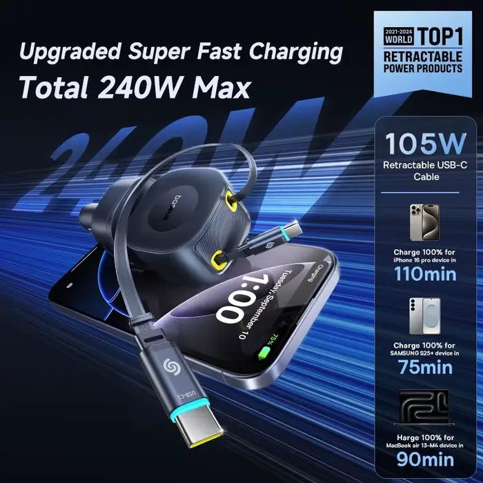 Chargeur de voiture Baseus 240W 4 Ports câble rétractable intégré charge rapide USB type-c