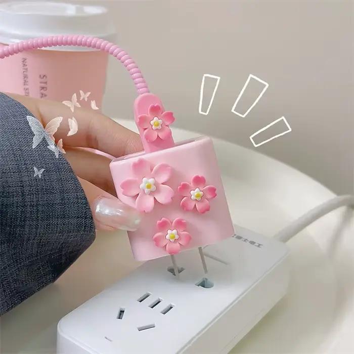 Housse de protection pour chargeur de câble à fleur rose 3D