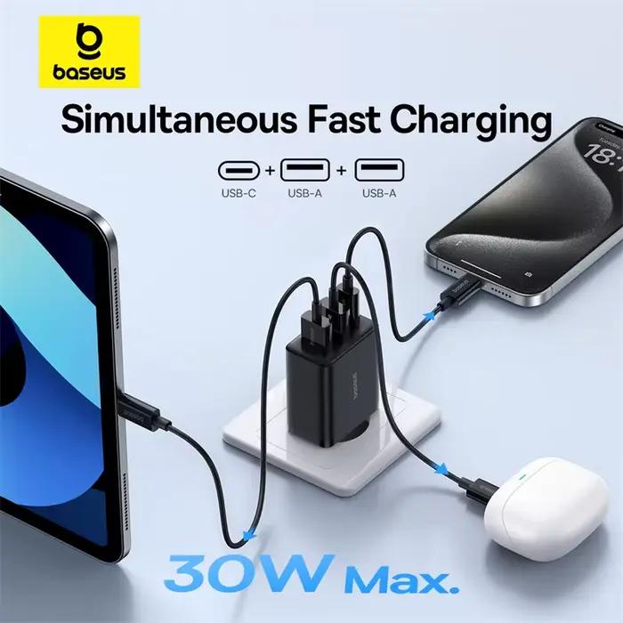 Baseus 30W chargeur USB QC3.0 PD3.0 Type C PD charge rapide 3 Ports