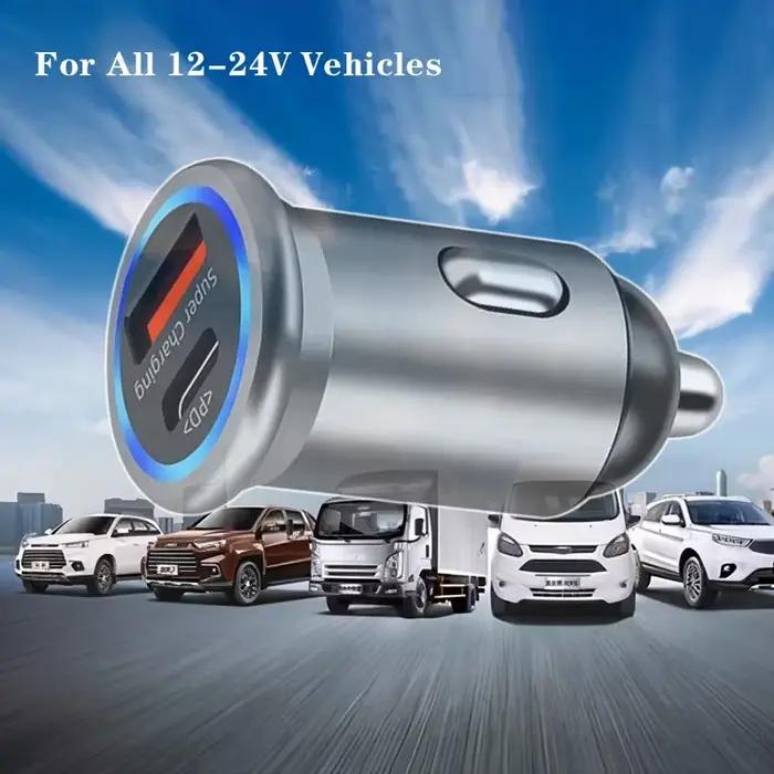 Chargeur allume-cigare de voiture en métal avec lumière d'ambiance 85W PD30W/QC3.0 Charge ultra rapide double ports