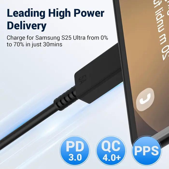 Câble de charge super rapide PD 45W 5A double USB-C pour Samsung S23 S24 S25 Plus Note 20 Ultra A53 A54 A55 Type-C
