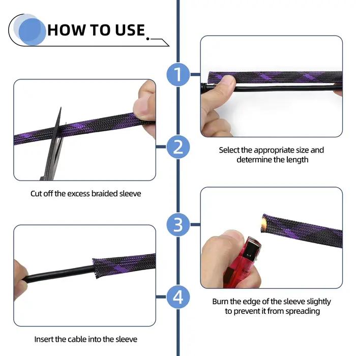 Gaine de câble haute densité tressée PET isolée extensible protection pour fils coloris violet et noir diamètres variés pour usage domestique et professionnel