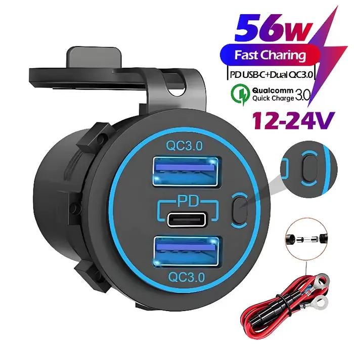 Prise de courant USB-C 12V PD 30W étanche avec interrupteur d'alimentation pour voiture bus camion marine et autres usages spéciaux