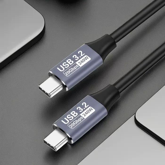 Câble USB-C vers Type-C 3.2 Gen2 20 Gbps 48V 5A 240W pour charge rapide et transfert de données haute vitesse 0.2m à 2m noir pour appareils intelligents et ordinateurs