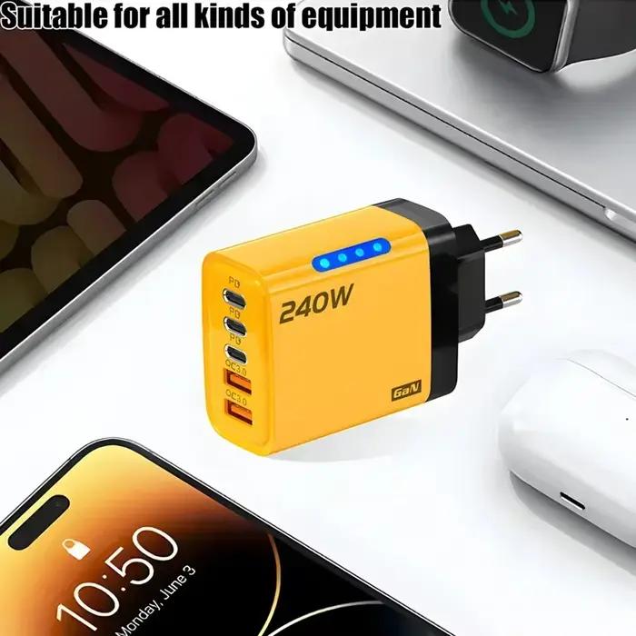 Chargeur rapide GaN 5 ports pour iPhone Samsung Xiaomi Huawei et ordinateur portable occasionnellement utilisé à la maison ou en déplacement